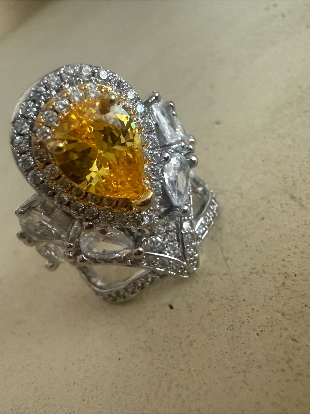 Yellow Teardrop Crystal Statement Ring - Women Jewelry